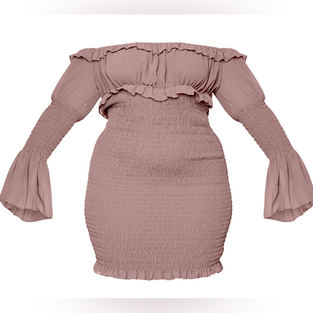 PrettyLittleThing Off the Shoulder Chiffon Shirred Bodycon Dress 💕